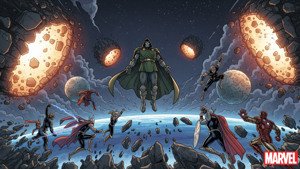 A high-resolution comic-style illustration of Doctor Doom levitating at the center of a collapsing multiverse, with Spider-Man, Thor, and Iron Man scattered in battle amid cosmic debris and glowing rifts.