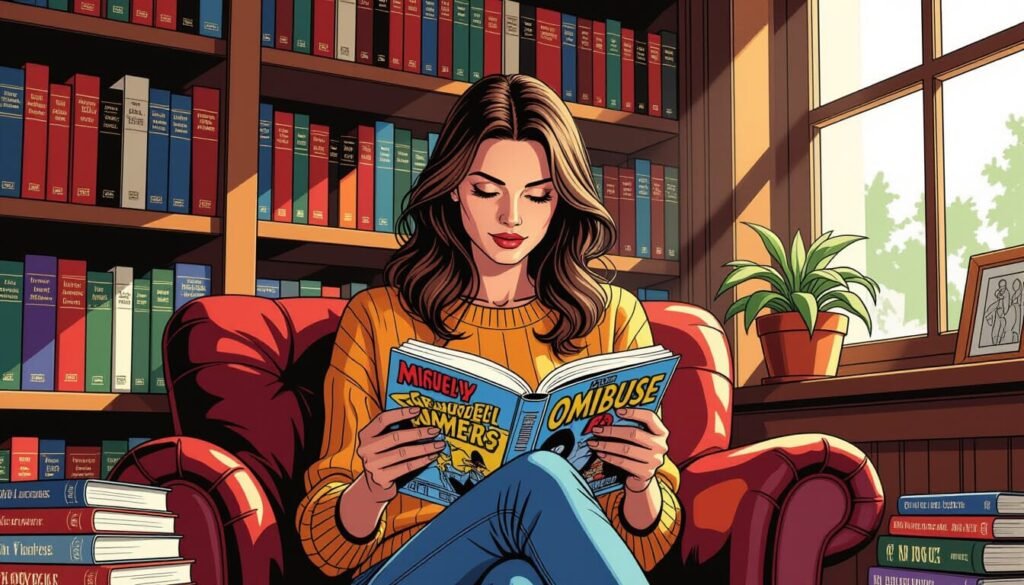 A woman with long hair, in a cozy library, reads a colorful book on an armchair. Shelves of books and a plant by the sunlit window create a warm, peaceful ambiance.