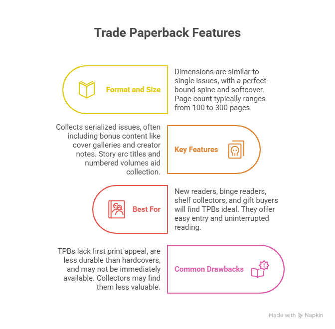 Infographic titled "Trade Paperback Features" with four sections. "Format and Size" icon with text details dimensions; "Key Features" highlight serialized issue collections; "Best For" describes suitability for new readers and collectors; "Common Drawbacks" notes less durability and value compared to hardcovers.