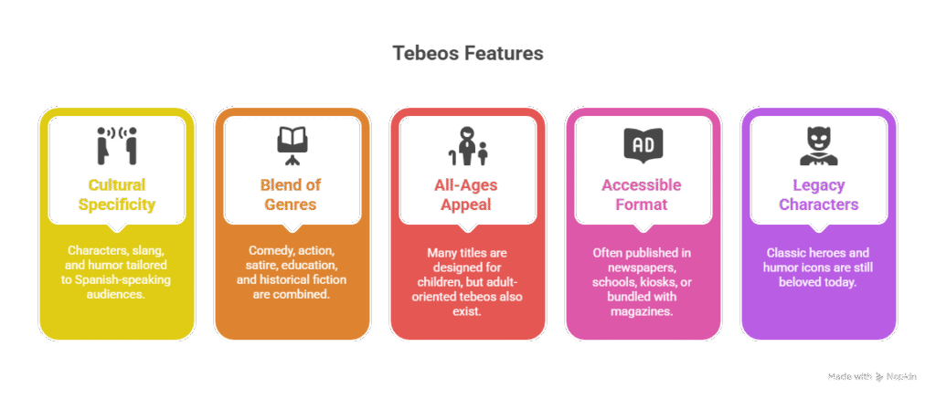 Infographic illustrating features of Tebeos, with colorful icons. Categories: Cultural Specificity, Blend of Genres, All-Ages Appeal, Accessible Format, Legacy Characters."