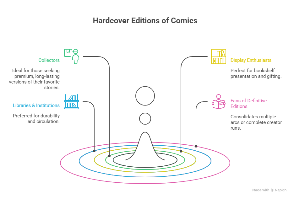 Infographic titled "Hardcover Editions of Comics" with four categories: Collectors, Libraries & Institutions, Display Enthusiasts, and Fans of Definitive Editions, each with icons and descriptions about their preferences and suitable uses for hardcover comic editions. Bright colors and simple graphics convey a modern, organized aesthetic.