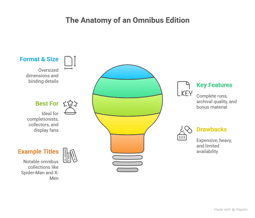 Infographic titled "The Anatomy of an Omnibus Edition" featuring a colorful lightbulb diagram. Sections detail format, best audience, example titles, key features, and drawbacks.