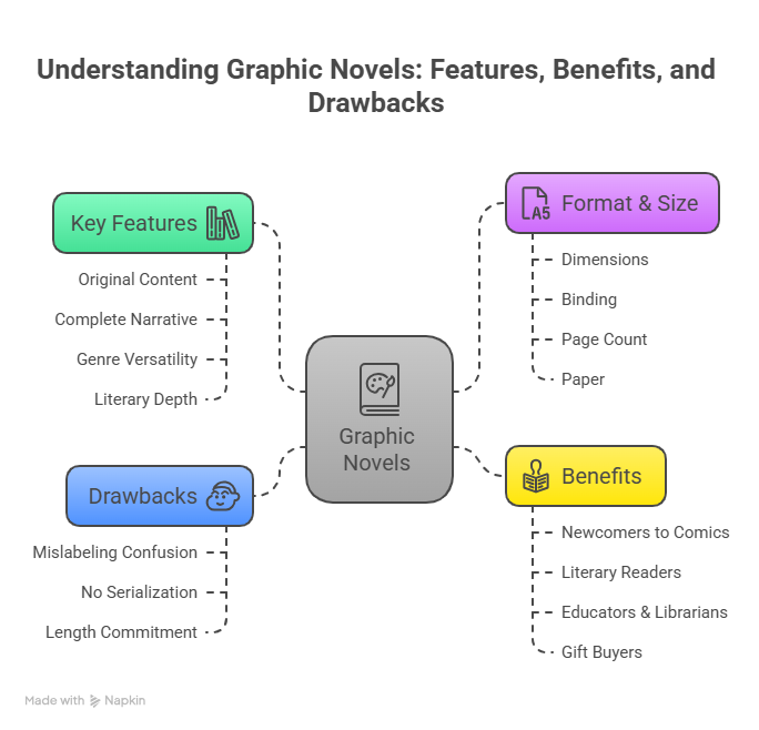  Diagram titled "Understanding Graphic Novels: Features, Benefits, and Drawbacks." Central box labeled "Graphic Novels" connects to four colored boxes: "Key Features" (green) with "Original Content," "Complete Narrative," "Genre Versatility," "Literary Depth"; "Drawbacks" (blue) with "Mislabeling Confusion," "No Serialization," "Length Commitment"; "Format & Size" (purple) with "Dimensions," "Binding," "Page Count," "Paper"; "Benefits" (yellow) with "Newcomers to Comics," "Literary Readers," "Educators & Librarians," "Gift Buyers."