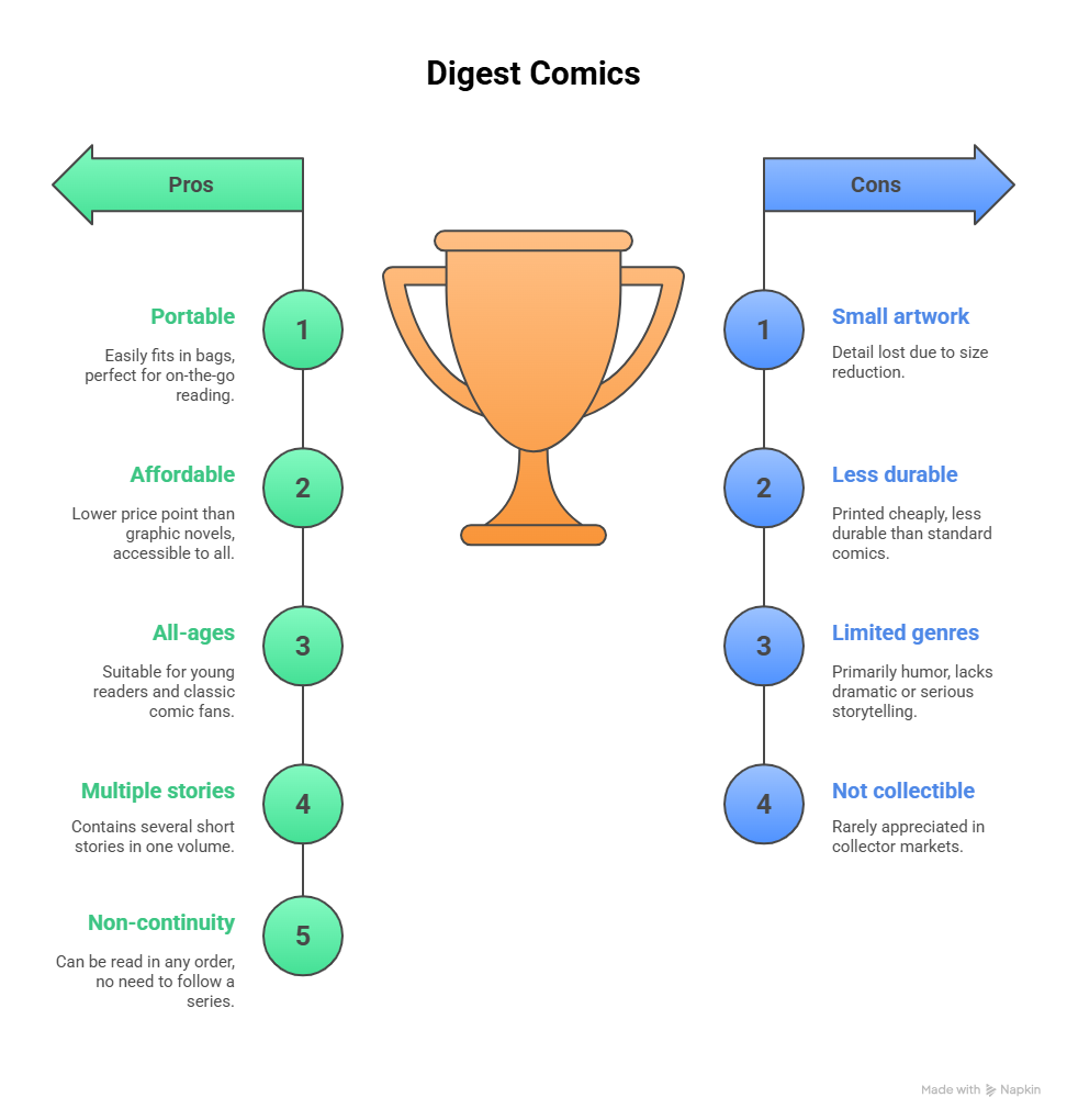 Trophy centered between pros and cons lists. Pros: portable, affordable, all-ages, multiple stories, non-continuity. Cons: small artwork, less durable, limited genres, not collectible.