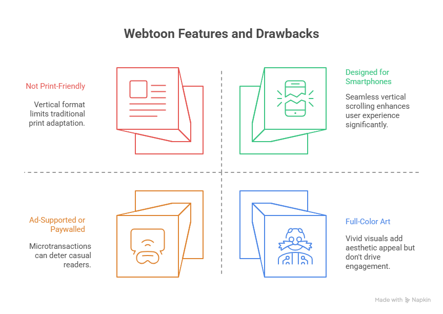 Infographic titled "Webtoon Features and Drawbacks" with four quadrants: Not Print-Friendly, Designed for Smartphones, Ad-Supported, and Full-Color Art.