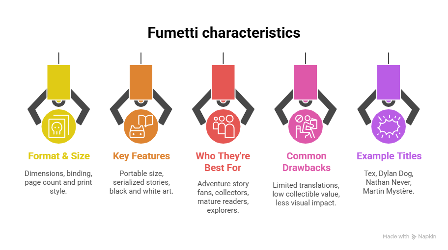 Infographic with five sections illustrating comic book features. Categories include Format & Size, Key Features, Who They're Best For, Common Drawbacks, and Example Titles, each with icons and brief descriptions."