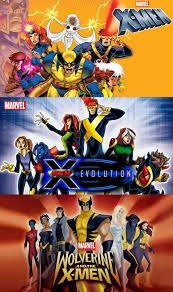 Alt text: "Collage of three X-Men animated series posters. Top: Classic X-Men team action pose. Middle: X-Men Evolution characters standing confidently. Bottom: Wolverine and the X-Men heroes ready for battle. Vibrant colors and dynamic poses convey excitement and superhero themes."