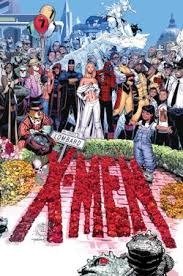 A diverse group of superheroes, including figures in dynamic action poses and unique outfits, gathers at a vibrant event. "X-Men" is written in red flowers.