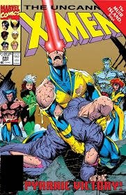 Comic book cover of "The Uncanny X-Men" shows Cyclops firing an optic blast while holding a limp Wolverine. Background features other X-Men characters with serious expressions. Bold text reads "Pyrrhic Victory."