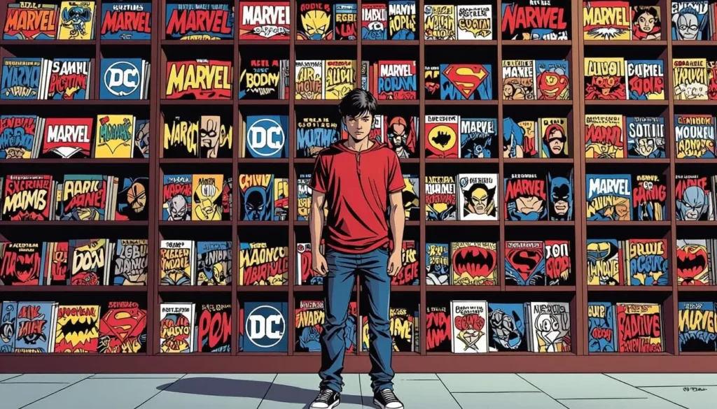A person in a red shirt stands in front of a comic book wall featuring vibrant Marvel and DC covers, creating a nostalgic and vibrant atmosphere.