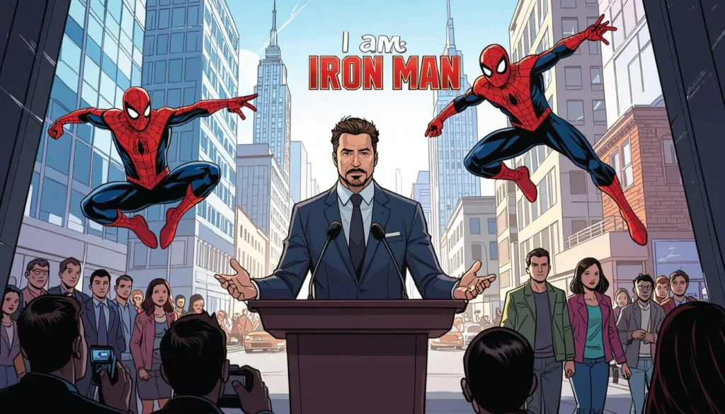 Comic-style image of a man in a suit at a podium announcing "I am Iron Man" with two Spider-Man figures leaping above a city crowd. The scene is energetic and dramatic.
