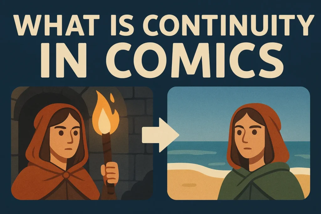 What Is Comic Book Continuity? Explained for New Readers 1 Illustration shows two panels: a hooded figure with a torch in a dark cave, then the same figure on a sunny beach. Text reads, "What is continuity in comics?"