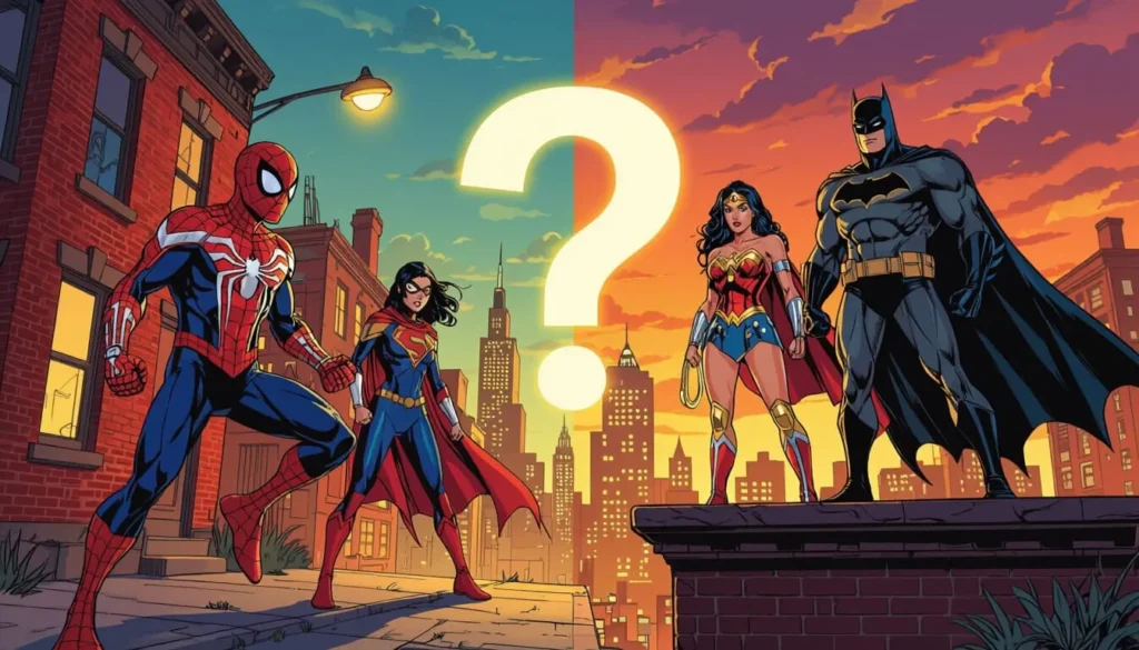 Two groups of superheroes face each other on a city rooftop at sunset, divided by a large question mark. The scene is filled with tension and mystery.