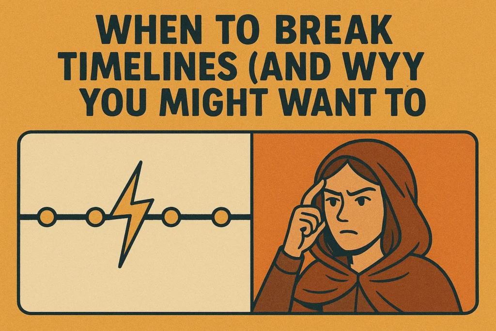 What Is Comic Book Continuity? Explained for New Readers 4 An illustration with text "When to Break Timelines (and Why You Might Want To)." A split image shows a timeline with a lightning bolt and a thoughtful hooded figure.