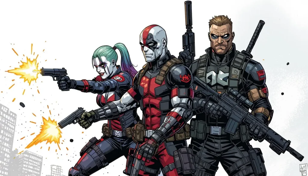 Three comic-style characters in tactical gear aim guns, exuding intensity. Background shows a cityscape with gunfire and dynamic action.
