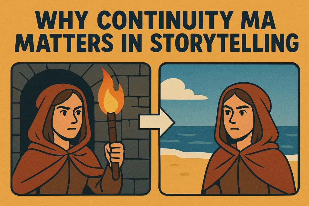 What Is Comic Book Continuity? Explained for New Readers 2 Illustration titled "Why Continuity Matters in Storytelling" shows a cloaked figure holding a torch in a dungeon on the left and the same figure on a beach on the right.