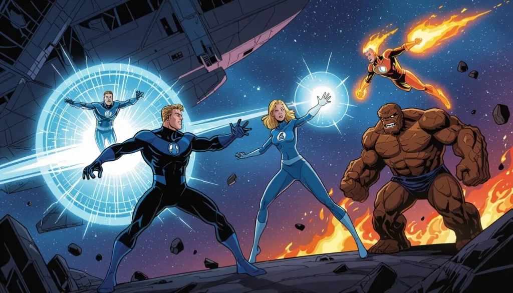 Four superheroes in dynamic poses display their powers in space. A man stretches his arms, a woman creates an energy shield, a fiery figure soars, and a rocky figure stands firmly. The scene conveys action and teamwork.