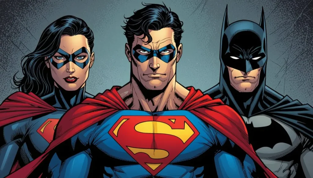 Three superheroes stand confidently side by side, wearing red and blue costumes with capes. The mood is bold and determined, conveying strength and unity.