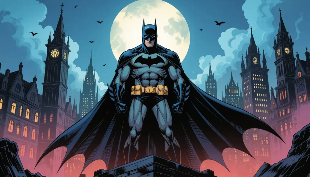 Batman stands heroically on a rooftop against a full moon, surrounded by gothic skyscrapers. Dark, moody atmosphere with bats flying.