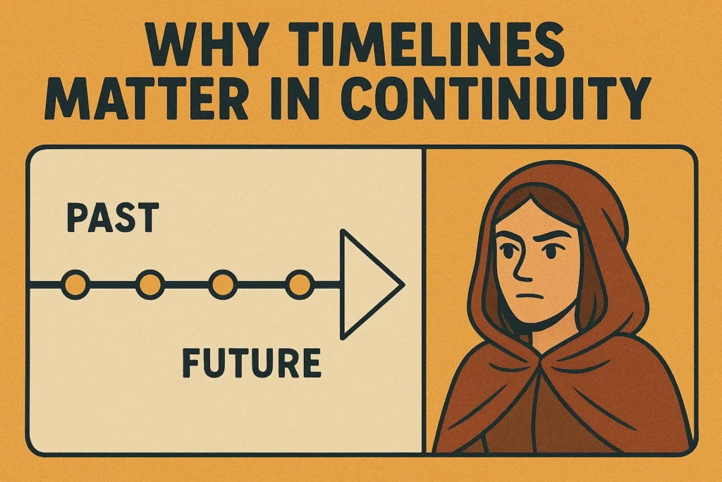 What Is Comic Book Continuity? Explained for New Readers 3 Illustration with text "Why Timelines Matter in Continuity." Left: a timeline with past and future labeled. Right: a serious person in a hooded cloak. Tone is informative.