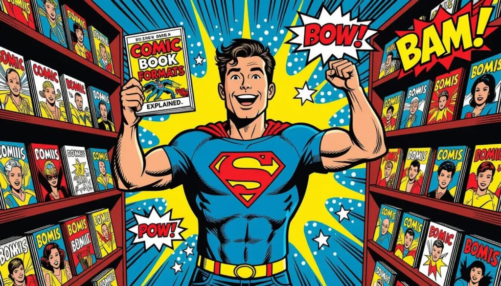 A superhero in a blue suit holds a comic book, smiling triumphantly amid colorful comic-filled shelves. Bright text like "BOW!" and "BAM!" adds energy.