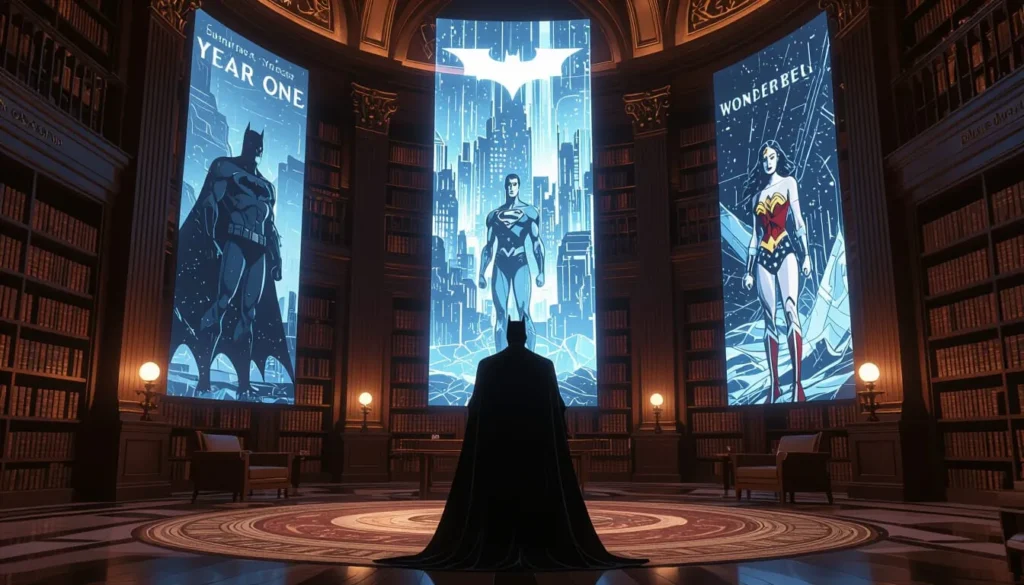 A silhouette of Batman stands in a grand library, facing three large, illuminated screens featuring Batman, Superman, and Wonder Woman comic covers. The scene is majestic and reverent.