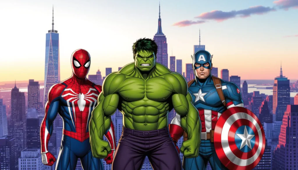 Three superhero characters stand together with a city skyline in the background at sunset. The scene conveys unity and strength.