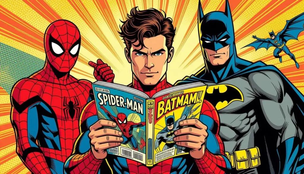 Illustration of a man reading a comic book with vibrant yellow rays in the background. Spider-Man and Batman stand beside him, showcasing a playful tone.