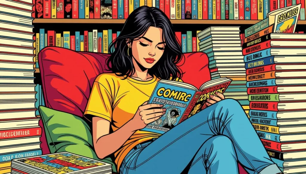 A woman sits comfortably in a red chair, surrounded by colorful stacks of comic books and shelves. She is absorbed in reading a comic, creating a cozy, focused atmosphere.
