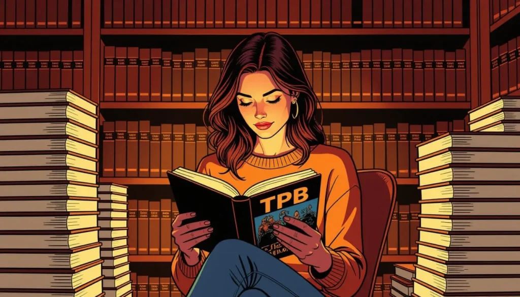 TPB vs Graphic Novel — What’s the Difference, Really? 1 A woman in an orange sweater sits in a library, reading a book titled "TPB." Surrounded by tall stacks of books, she appears focused and content.