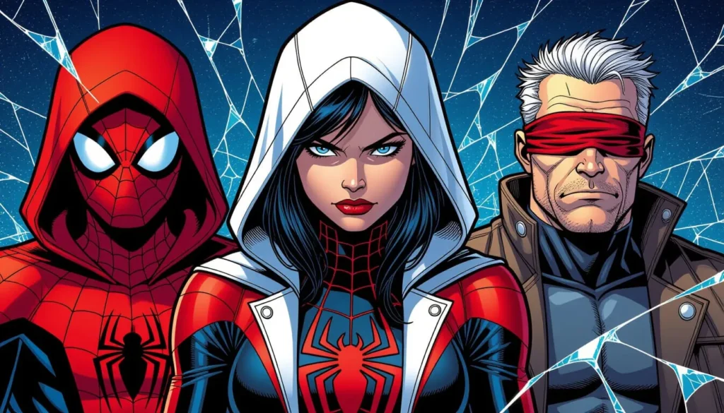 Three superheroes stand side by side. The left wears a red hooded suit, center has a white hood and fierce gaze, right sports a blindfold. Web designs fill the background.