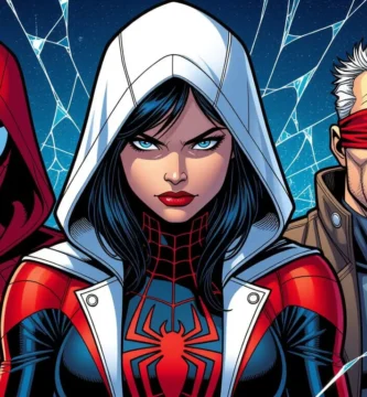Three superheroes stand side by side. The left wears a red hooded suit, center has a white hood and fierce gaze, right sports a blindfold. Web designs fill the background.