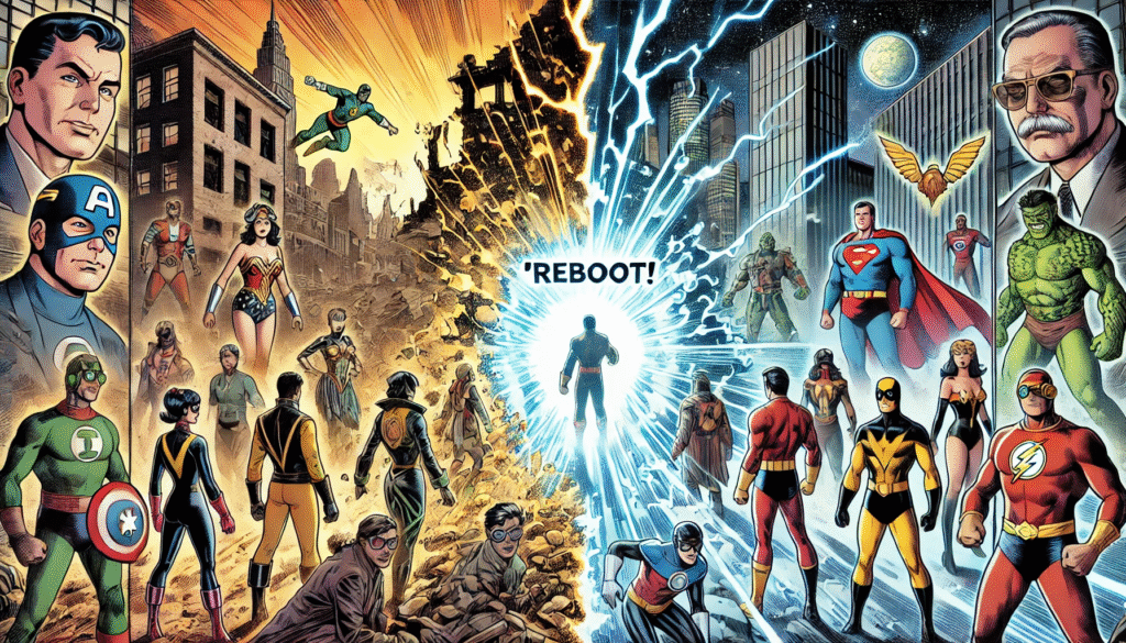 What is a Reboot in Comics— Learn why publishers restart everything every few years. 1 A wide-style comic book illustration depicting a 'Reboot' in comics. On the left side of the image, show a group of classic superheroes in retro costumes, standing in front of a crumbling cityscape, symbolizing the old universe.
