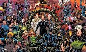 A diverse group of superheroes gathered in a dynamic comic book illustration, featuring vivid costumes and intense expressions, set against a colorful backdrop.
