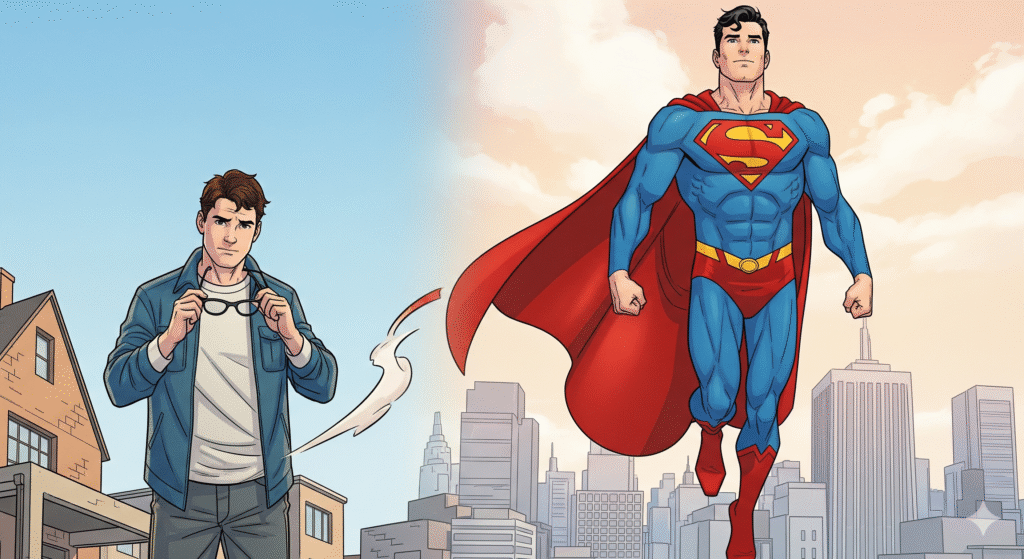 Young Clark Kent transforms into Superman, shown between his Smallville roots and his heroic first flight over Metropolis, in a modern comic-book style inspired by Birthright.