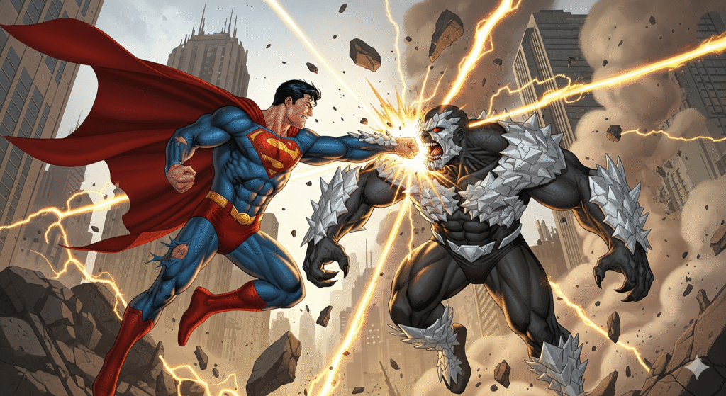 Epic comic-book style illustration of Superman fighting Doomsday, energy and debris flying, tense and emotional, capturing the stakes of Superman’s “death.