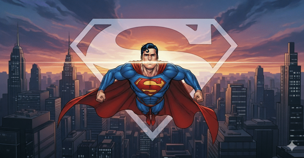 Cinematic illustration of Superman soaring above Metropolis at sunset, glowing “S” emblem on chest, blending classic comic style with modern 2025 movie aesthetics, vibrant and dynamic.