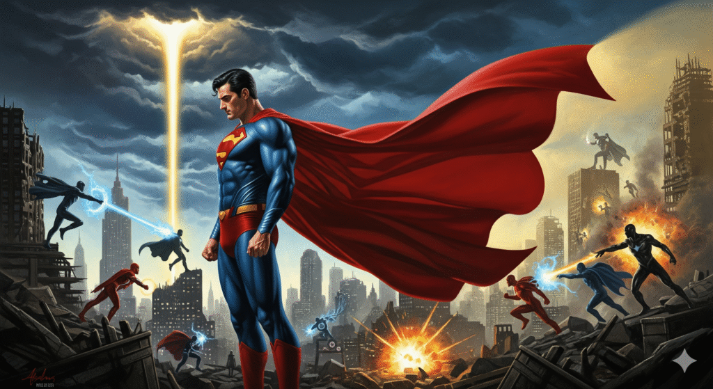 Superman stands powerfully above a dystopian city as chaotic modern heroes battle in the background, painted in an epic Alex Ross-inspired style representing Kingdom Come’s themes of hope versus cynicism.