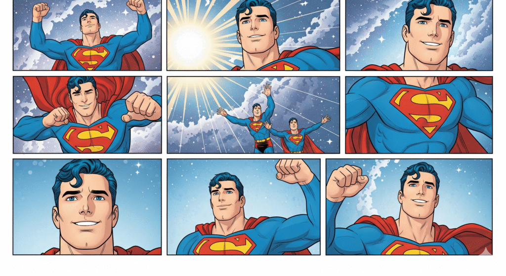 Bright and optimistic comic-style illustration of Superman performing heroic acts across multiple panels, cosmic sky with sun rays, clean lines, evoking classic nostalgia.