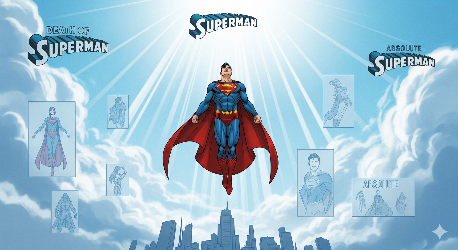 Illustration of Superman flying above Metropolis with light breaking through clouds, faint silhouettes of iconic comics like Death of Superman, For All Seasons, and Absolute Superman in the background, symbolizing timeless and modern storytelling for beginners.
