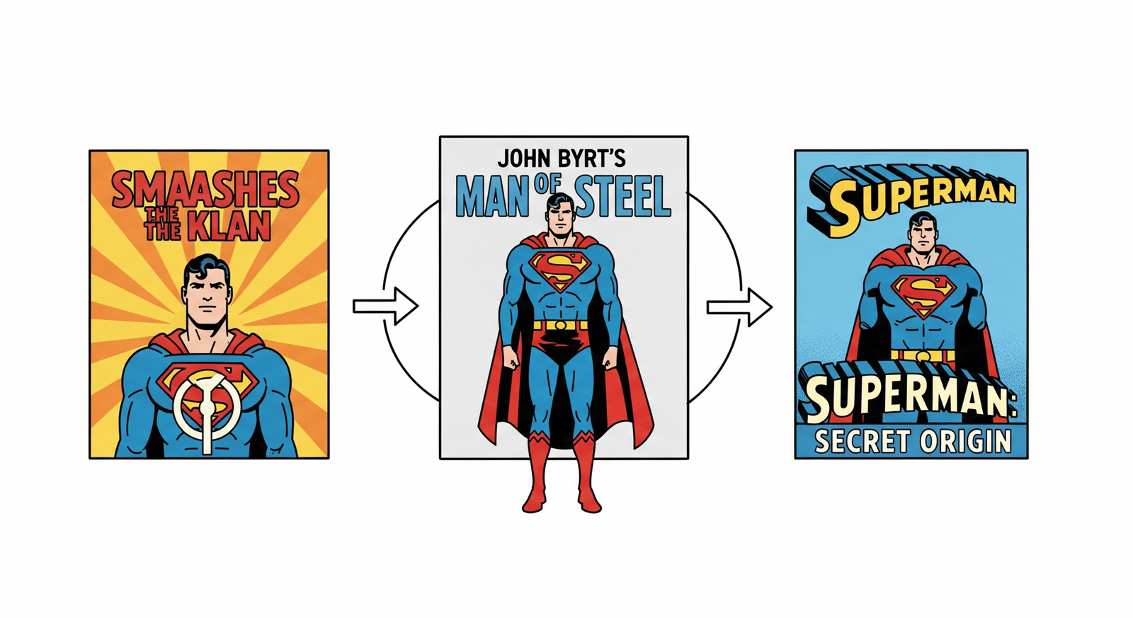 Minimalist, flat-design illustration featuring Superman Smashes the Klan, Man of Steel, and Superman: Secret Origin, using symbolic icons and bold colors to represent courage, classic origin, and heroic action, designed for beginner-friendly reading guidance.