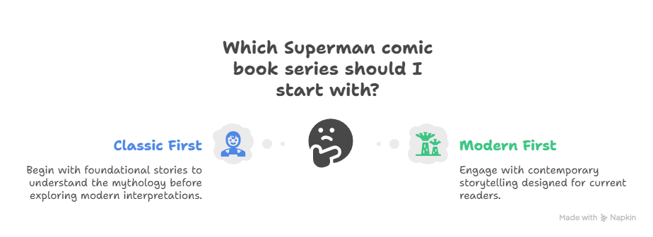 Infographic titled “Which Superman comic book series should I start with?” comparing two options: Classic First — begin with foundational stories to understand Superman’s mythology, and Modern First — engage with contemporary storytelling designed for current readers.