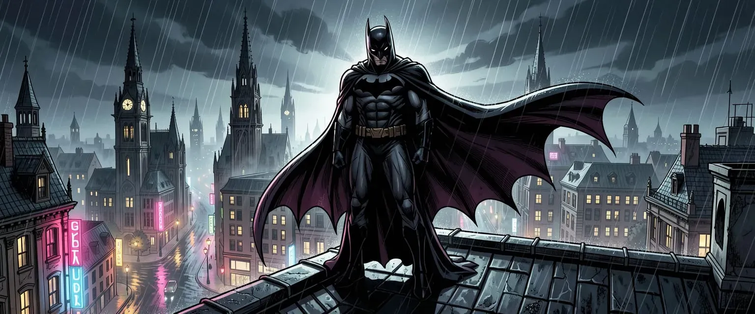 A brooding vigilante in a dark bat-shaped costume standing on a gothic rooftop at night, dark cape billowing in rain, cinematic lighting with neon city glow reflecting off wet streets below, Gotham-inspired skyline with gothic spires and fog, comic book style illustration, ultra detailed, dramatic shadows, high contrast, 4k render, dark and moody atmosphere