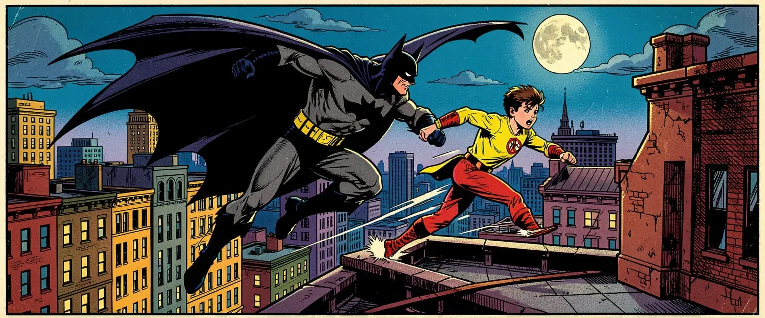 Retro-style illustration of a shadowy bat-costumed vigilante and a young sidekick in bright colors leaping across a 1940s city rooftop at night, vintage comic book art style, bold ink lines, flat colors, dramatic action pose, golden era superhero aesthetic, dynamic composition, high contrast, detailed urban background