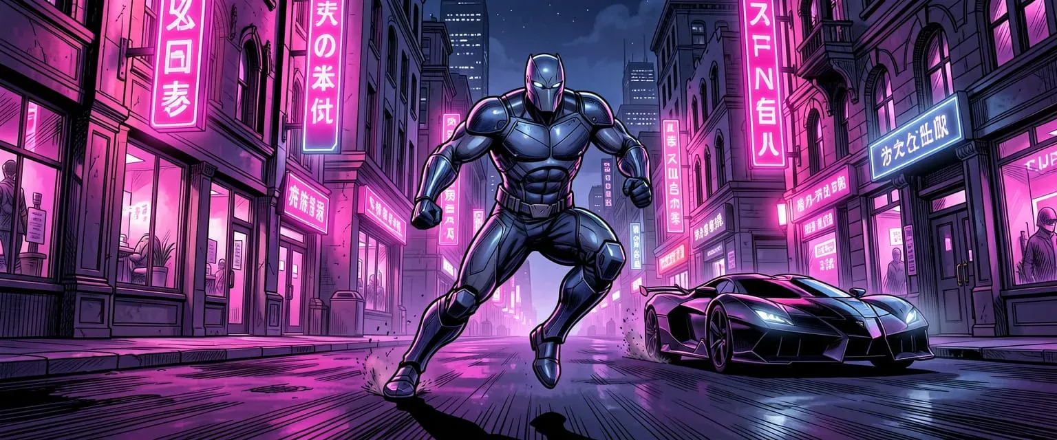 A sleek armored vigilante in blue and grey costume sprinting across a neon-lit futuristic gothic city street at night, pop-noir art style with vivid neon pinks and purples contrasting with deep shadows, dynamic action pose, new-era Batmobile visible in background, cinematic wide shot, manga-influenced linework, ultra detailed, vibrant but moody atmosphere, 4k