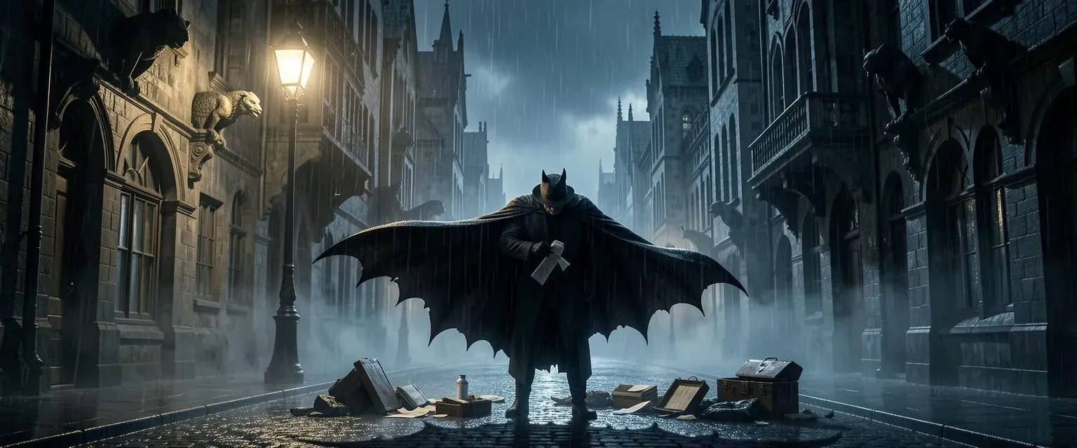 A lone caped detective in a dark bat costume silhouetted against a rain-soaked gothic city at night, examining clues at a crime scene, noir lighting with a single streetlamp casting long shadows, gargoyles visible on surrounding buildings, cinematic wide shot with deep blacks and cool blues, ultra detailed, atmospheric fog, gritty and moody tone, 4k