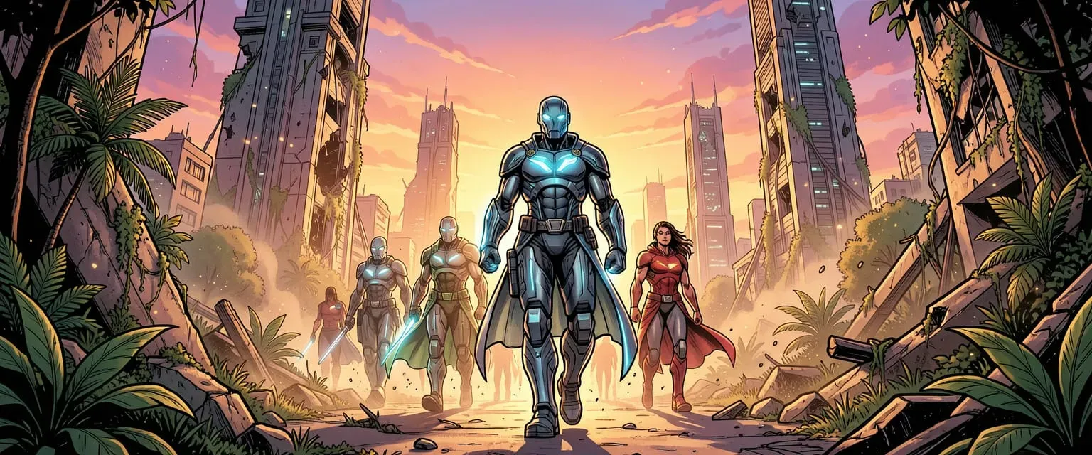 Superpowered figures walking through a ruined futuristic cityscape at dawn, damaged towers and overgrown vegetation, dramatic side lighting, dust particles in air, comic book style, ultra-detailed, mood of resilience and hope after destruction, cinematic composition, 4k