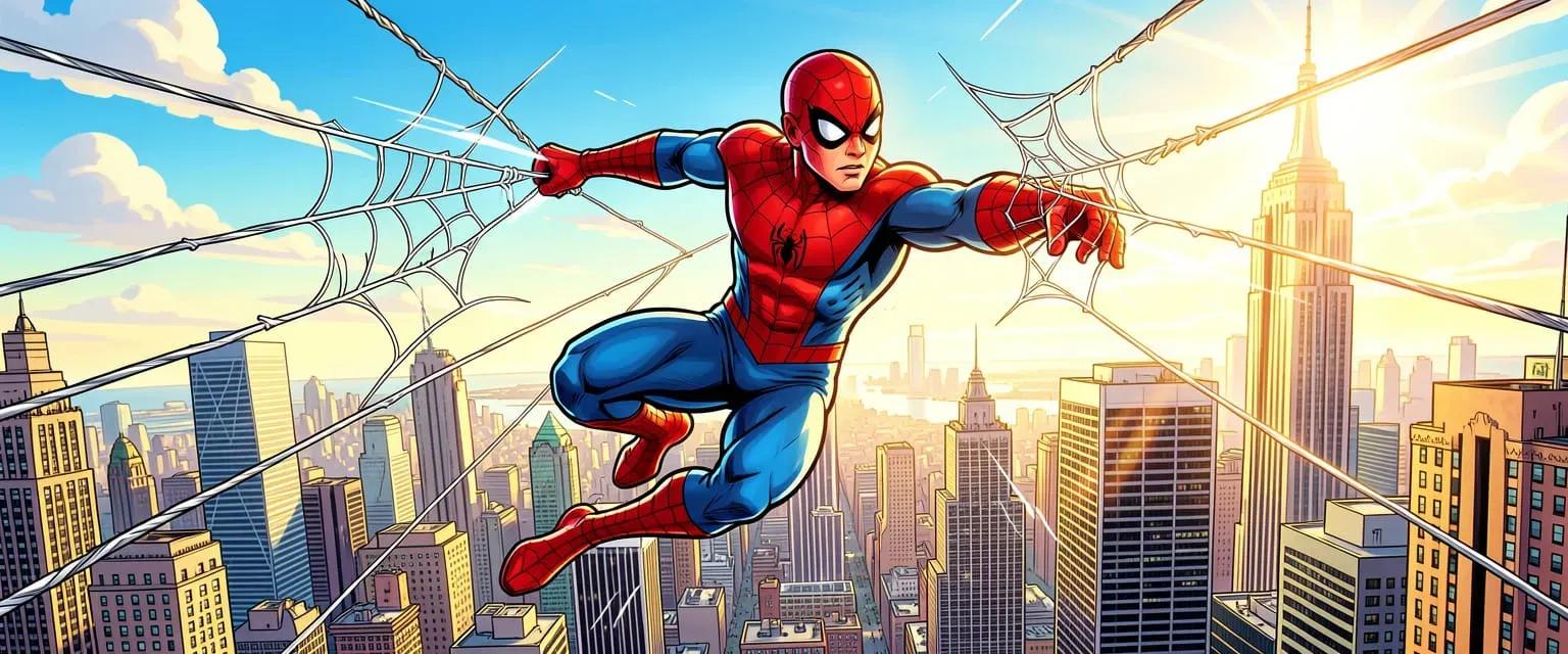 A young male superhero in a red and blue spider-themed costume swinging between skyscrapers in a bright sunlit city, dynamic upward-angle shot from the street below, webs arcing through clear blue sky, comic book illustration style with bold ink outlines and vivid flat colors, cinematic wide shot, sense of speed and freedom, heroic and energetic mood, ultra detailed, sharp focus, 4k render