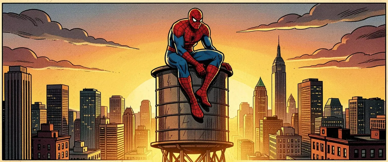 A classic superhero in red and blue spider costume perched dramatically on a New York City water tower at dusk, vintage comic book illustration style with halftone dot pattern texture, bold ink outlines, dramatic lighting from below, golden hour sky with city skyline, nostalgic Silver Age comic book aesthetic, ultra detailed, cinematic composition, 4k