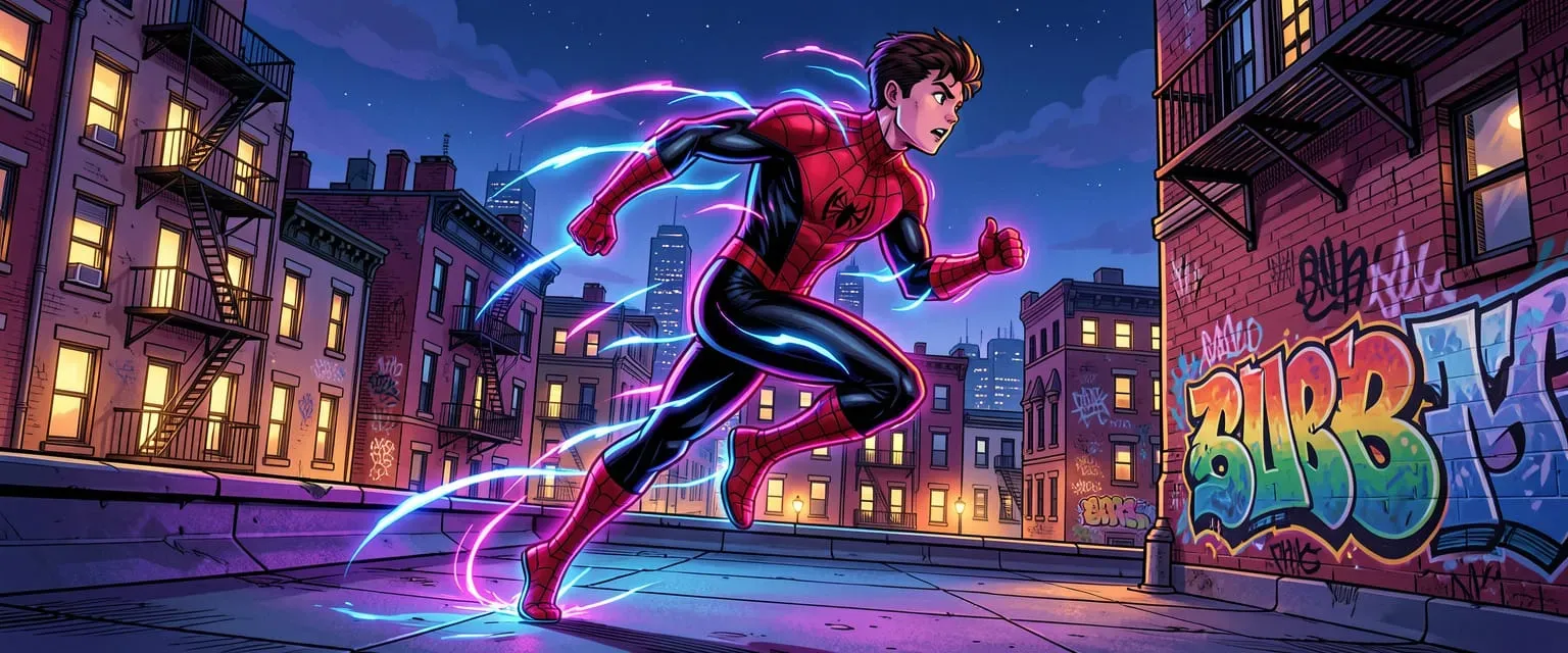 A teenage male superhero in a black and red spider-themed costume with glowing energy effects running across a Brooklyn rooftop at night, diverse urban neighborhood in background with warm apartment lights and graffiti murals, dynamic low-angle shot, comic book illustration style, vivid neon colors, sense of youth and energy, ultra detailed, cinematic composition, 4k